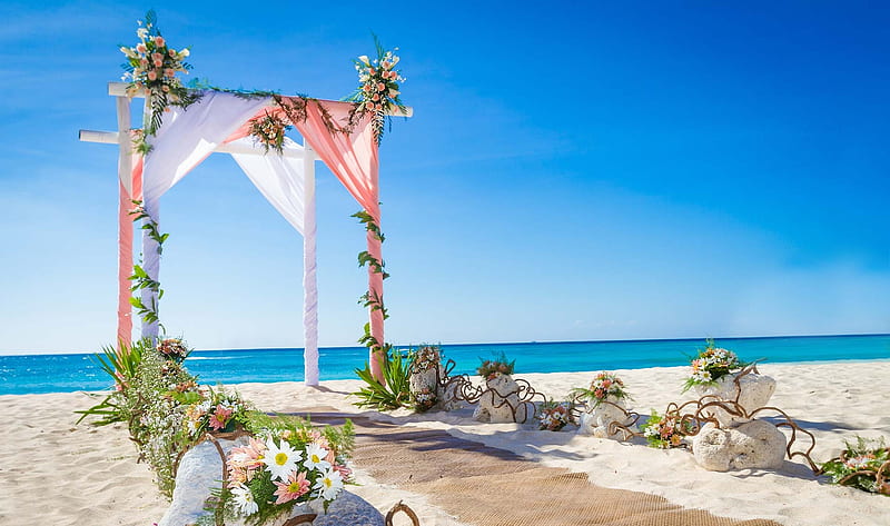 Beautiful Beach , beach, sand, flowers, bonito, wedding, sea, HD wallpaper