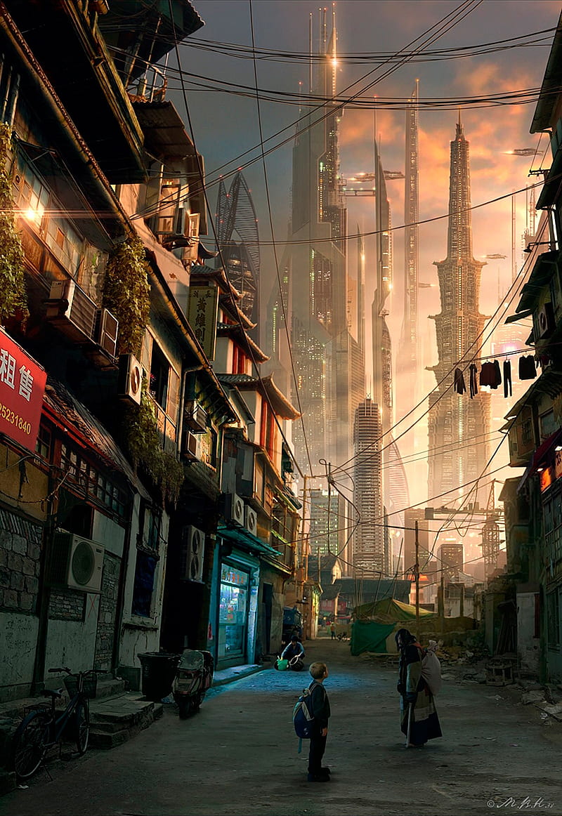futuristic, skyscraper, China, Asia, futuristic city, artwork, street, alleyway, cyberpunk, Vladimir Manyukhin, HD phone wallpaper