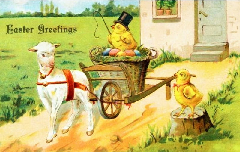 Easter Greetings, sheep, house, cart, chicks, artwork, HD wallpaper