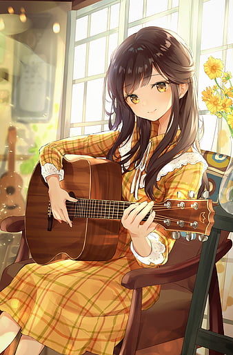 anime girl, playing guitar, instrument, music, cute, brown hair, Anime, HD phone wallpaper
