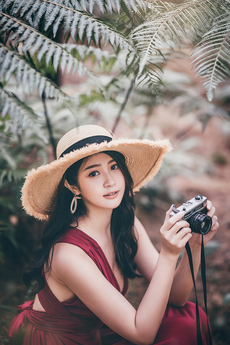 hat, women with hats, camera, Asian, model, women, women outdoors, looking at viewer, Chinese, HD phone wallpaper