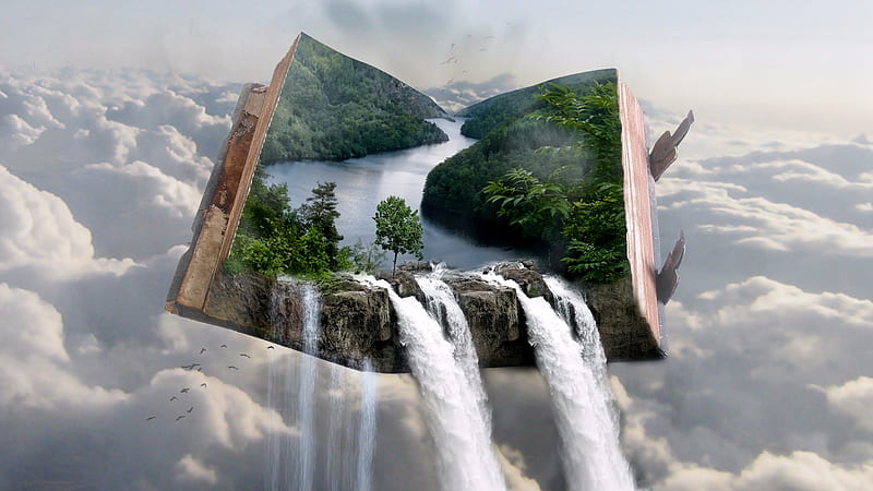 Waterfall from a Book, book, waterfall, river, trees, abstract, sky, HD wallpaper