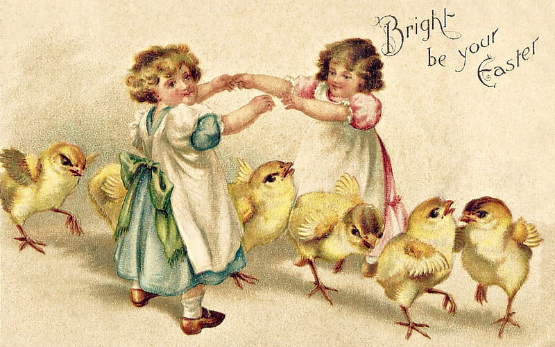 Happy Easter!, green, girl, chicken, yellow, child, easter, vintage, card, HD wallpaper