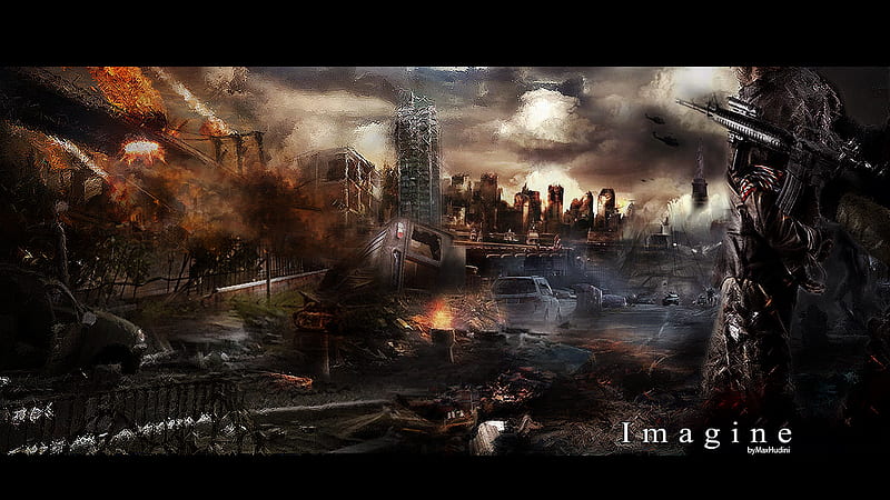 Imagine, doom day, terror, guerra, new york, sadness, distraction, dom, bombing, apocalypse, solder, HD wallpaper