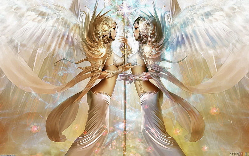 Sensual Angels, fantasy, gold, wings, silver, angels, HD wallpaper