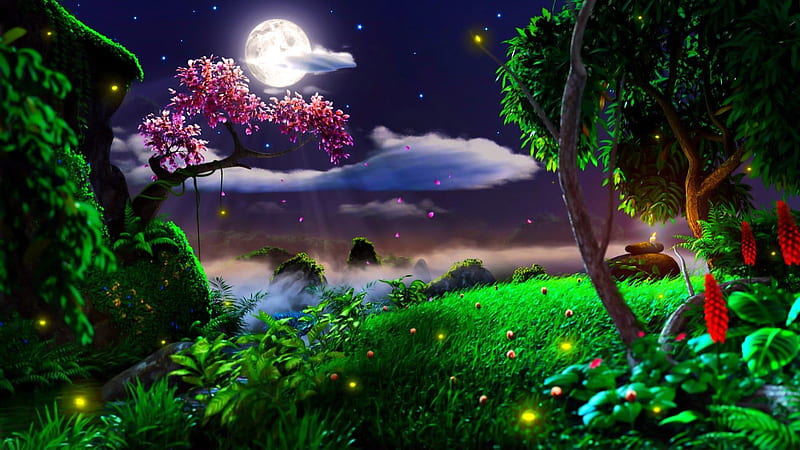 Summer Night, stars, moon, blossoms, flowers, sky, clouds, trees, meadow, HD wallpaper