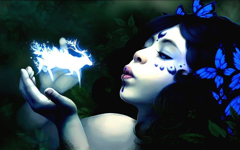 ★ Blue Witch ★, pretty, witch, wonderful, charm, bonito, adorable, Blue Witch, women, deer, fantasy, splendor, soul, girls, blue, art, female, lovely, blow, colors, butterflies, spirit, cute, cool, blew, maiden, HD wallpaper
