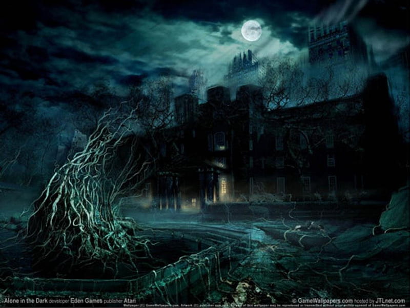The Dark, tree, moon, full moon, dark, moat, clouds, castle, night, HD wallpaper