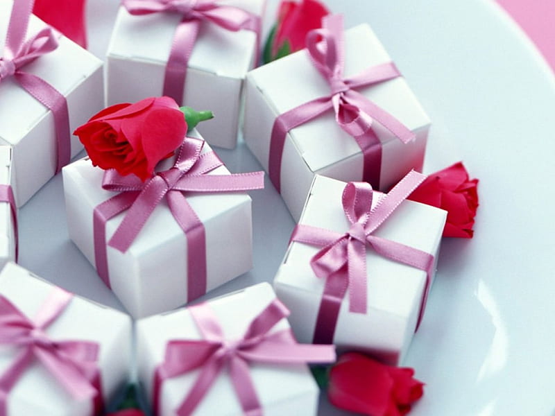 Red Roses & Gifts 4 U, red rose heads, small gifts, love, pink ribbon, white plate, HD wallpaper