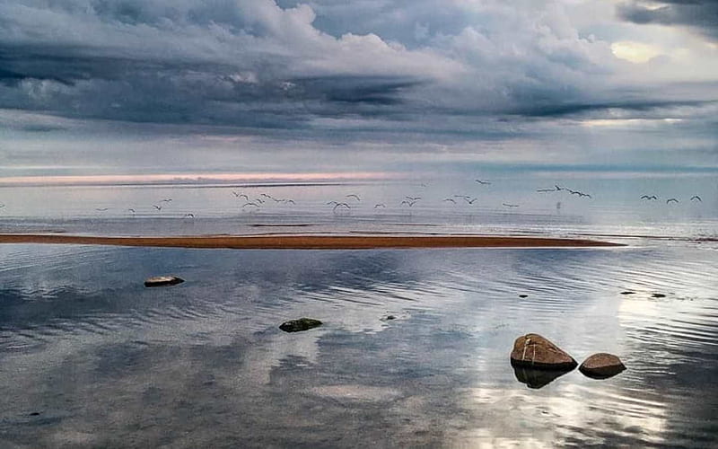 Baltic Sea in Latvia, Latvia, rocks, beach, sea, clouds, HD wallpaper