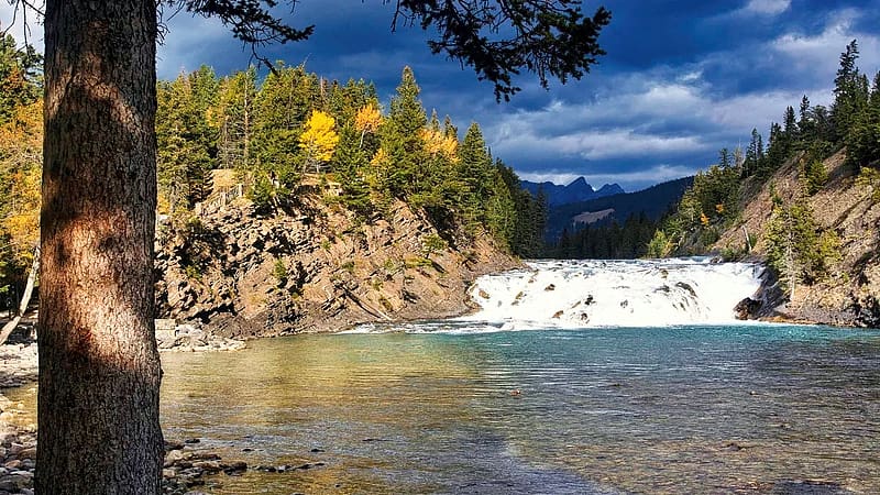 Bow River Falls, Banff NP, Alberta, treescanada, landscape, sky, water, clouds, HD wallpaper