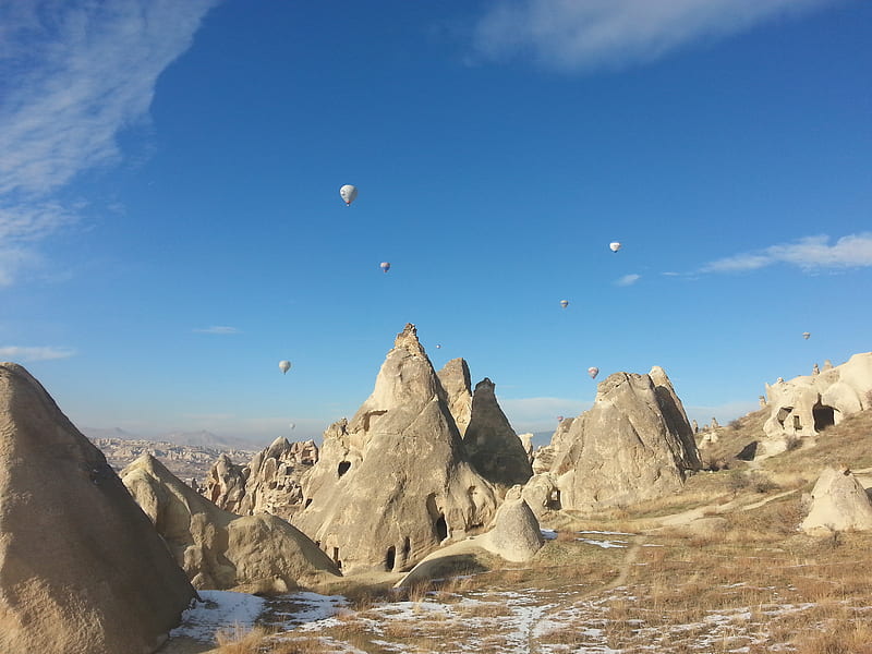 Kapadokya, ballon, cappadocia, fly, mountains, park, turkey, weather, winter, HD wallpaper