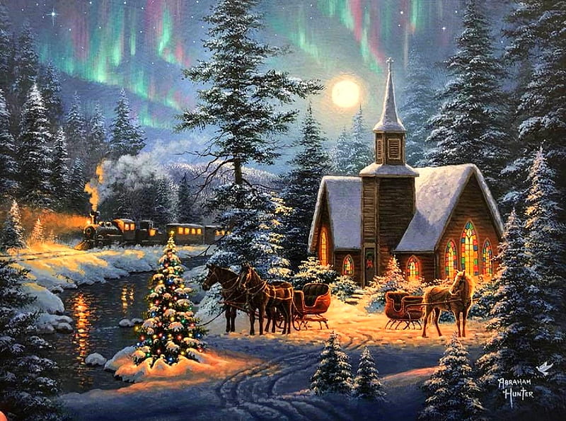 Christmas of Silent Night, sleigh, Christmas, holidays, Christmas Tree, trains, northern light, xmas and new year, paintings, churches, moons, love four seasons, horses, winter, snow, HD wallpaper
