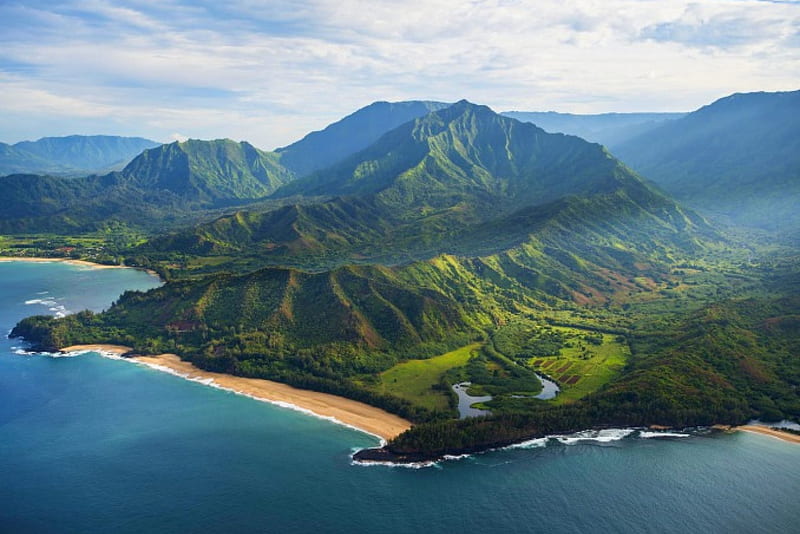 Garden Isle, islands, Kauai, grass, Hawaii, bonito, sea, beach, sand, green, paradise, mountains, HD wallpaper