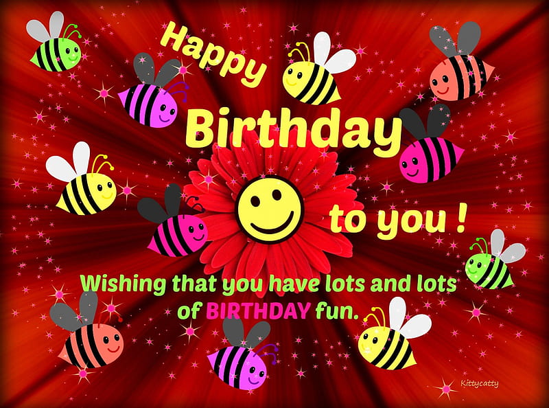 Happy Birtay Card , friend, birtay card, smiley, words, fun, collage, abstract, happy, bees, red daisy, message, love, happy birtay to you, Birtay, wishes, daisy, HD wallpaper