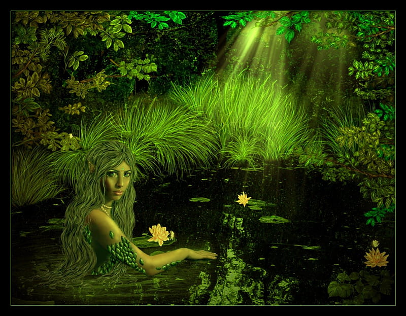 ✰Green Nymph Mavka✰, pretty, grass, magic, sweet, fantasy, paintings, splendor, bright, flowers, face, drawings, lovely, lips, trees, cute, water, cool, rays, eyes, colorful, lotus, shine, nymph, bonito, digital art, hair, leaves, blossom, green, blooms, magnificent, light, animals, night, female, lakes, lilies, colors, pond, plants, insect, HD wallpaper