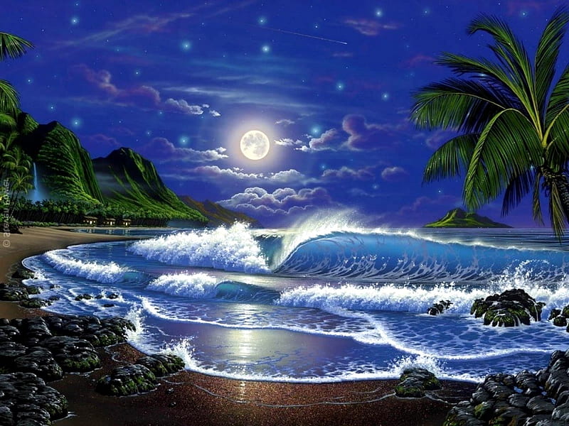 TROPIC MOON, beach, moon, ocean, waves, clouds, sky, night, HD ...