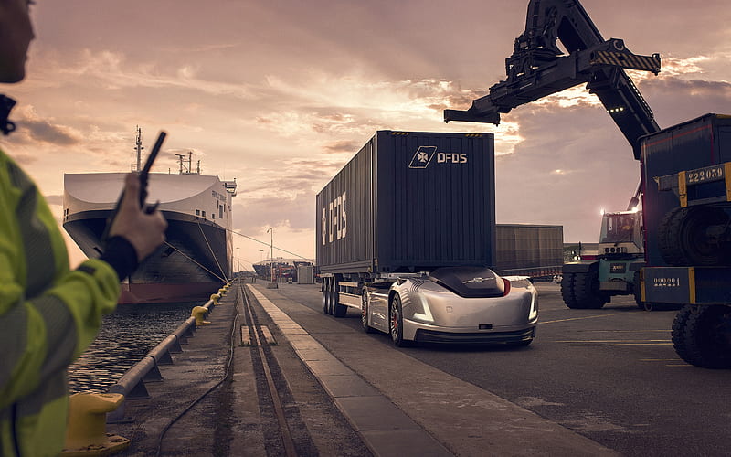 Volvo Vera, 2019, unmanned cargo electric vehicle, electric truck, container shipping, sea port, shipping concepts, Volvo Trucks, HD wallpaper