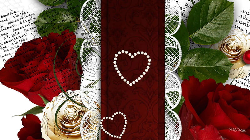 Letter to My Lover, red, red roses, velvet, lace, script, corazones, royal, leaves, Valentines Day, love, lover, flower, writing, HD wallpaper