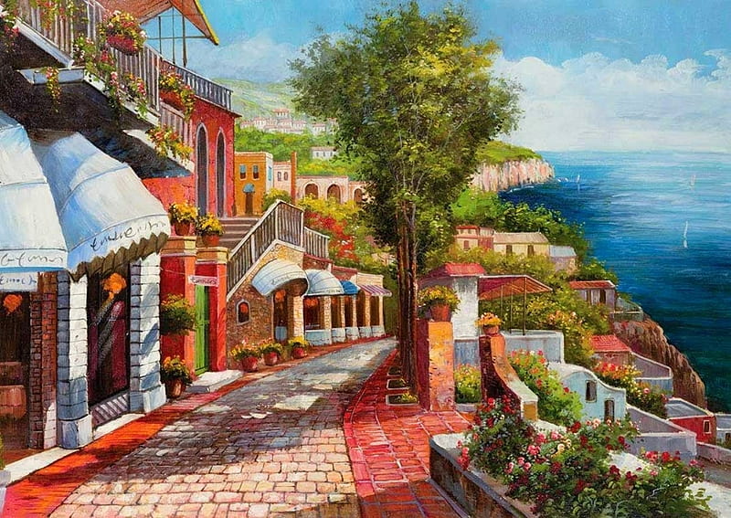Capri Italy, italy, ways, cobble, stone, painting, capri, walk, HD wallpaper