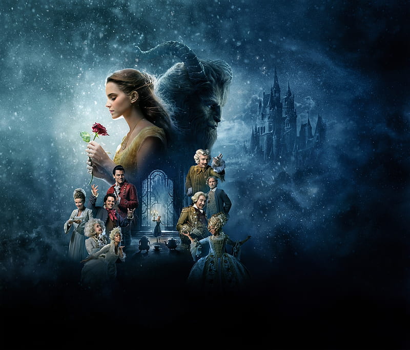 Beauty and the Beast (2017), poster, beauty and the beast, movie, rose, belle, Emma Watson, horns, fantasy, disney, HD wallpaper
