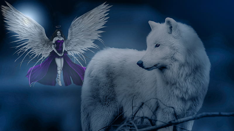 The Wolf Guardian, family, special, bonito, dearest, sweet, moon, full moon, friendship, love, beauty, avaboo, friends, blue, night, angel, collage, caring, big sister, purple, precious, sister, hop, wolf, white, HD wallpaper