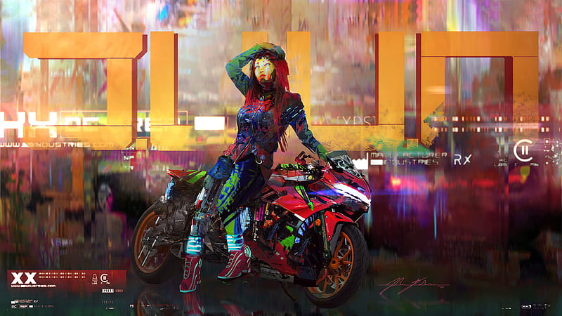 Download wallpaper 2048x1152 cyborg, hologram, cyberpunk, street