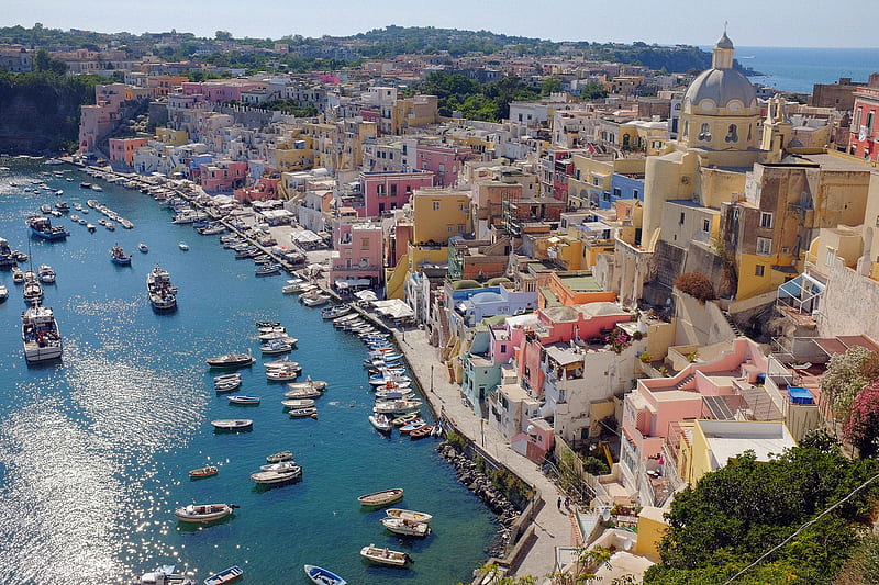 Italy, marina, buildings, procida, sea, amalfi, boat, city, summer, coast, blue, HD wallpaper