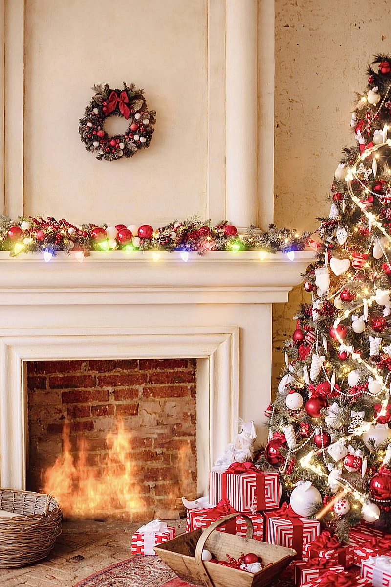 Christmas fireplace, colors, cozy, holiday, home, lights, presents, tree, xmas, HD phone wallpaper