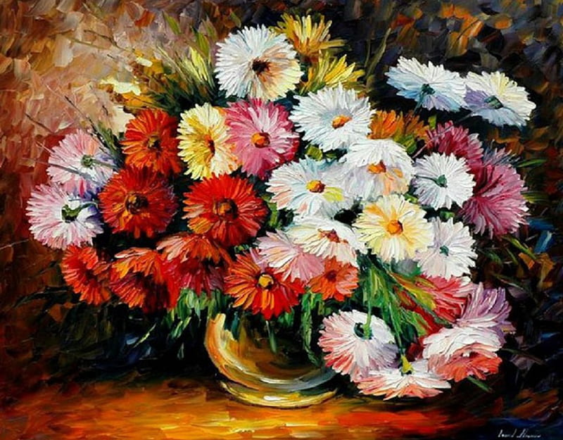 Cheerful bunch, art, warm, Leonid Afremov, bonito, abstract, happy, daisies, enchanting, painting, flowers, vibrant, white, HD wallpaper