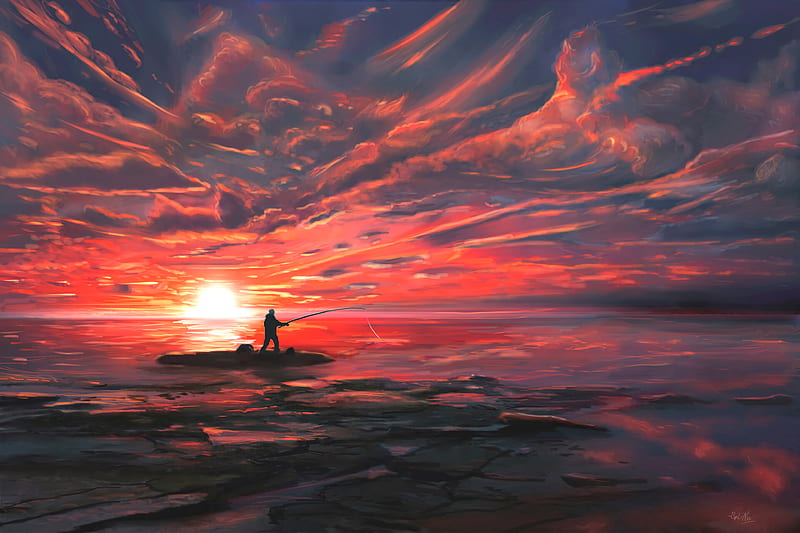 fishing, fisherman, fishing rod, sea, sunset, art, HD wallpaper