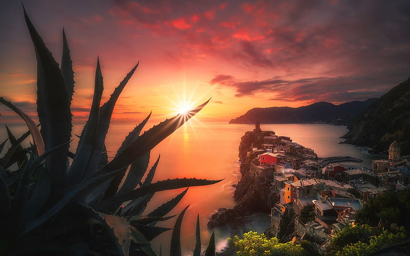 Cinque Terre, summer, sunset, Mediterranean Sea, Liguria, Italy, seascape, HD wallpaper