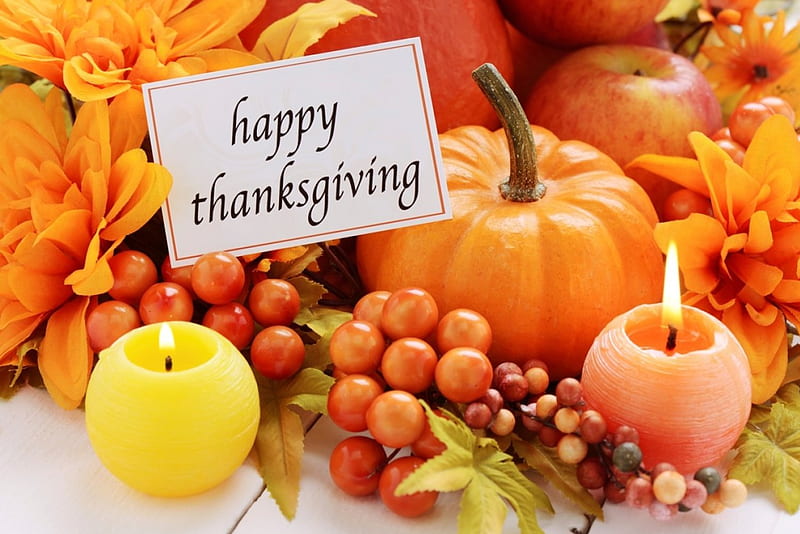 Happy Thanksgiving, Fall, apples, candles, fruit, leaves, Thanksgiving, gourd, pumpkin, flowers, Autumn, HD wallpaper