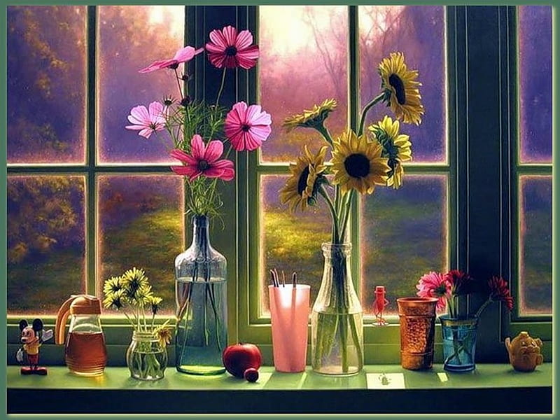 Flower's in the Window, sill, window, vases, flowers, nature, HD wallpaper