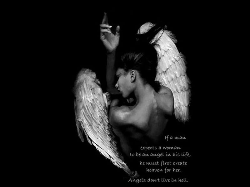 Angel in His Life, black and white, woman, angel, quotes, HD wallpaper