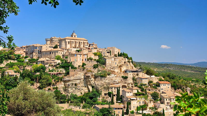 beautiful french hillside town, hill, trees, old, town, HD wallpaper