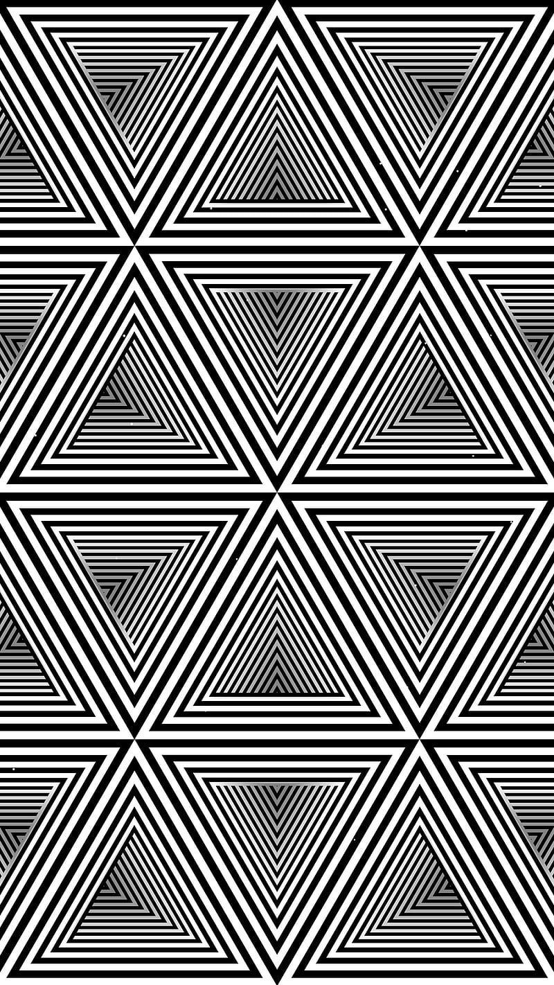 Triangular transitions, black-white, geometric, hexagon, hypnotic, illusion, kinetic, pass, pattern, texture, triangle, HD phone wallpaper