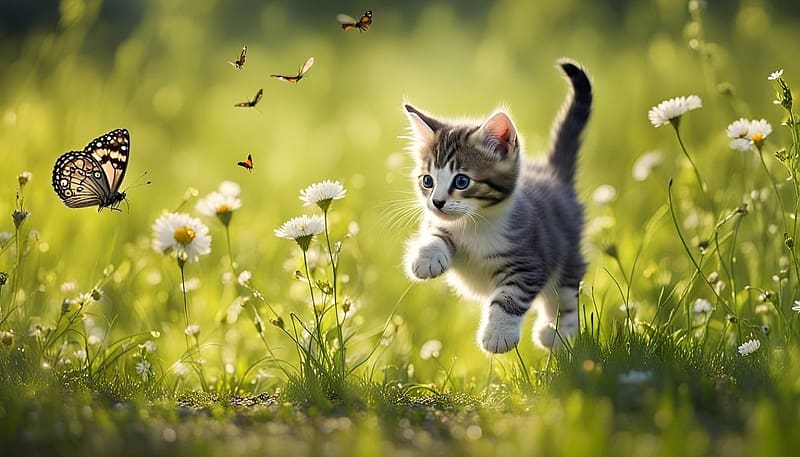 Playful cat on the meadow, hazi kedvenc, ret, cica, novenyzet, jatekos, pillangok, boldog, macska, allat, viragok, termeszet, HD wallpaper