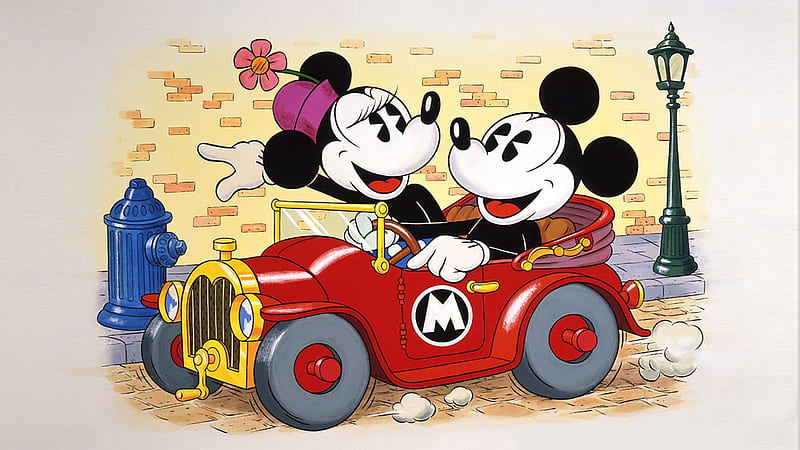 mickey and minnie mouse, minnie, mickey, car, mouse, HD wallpaper