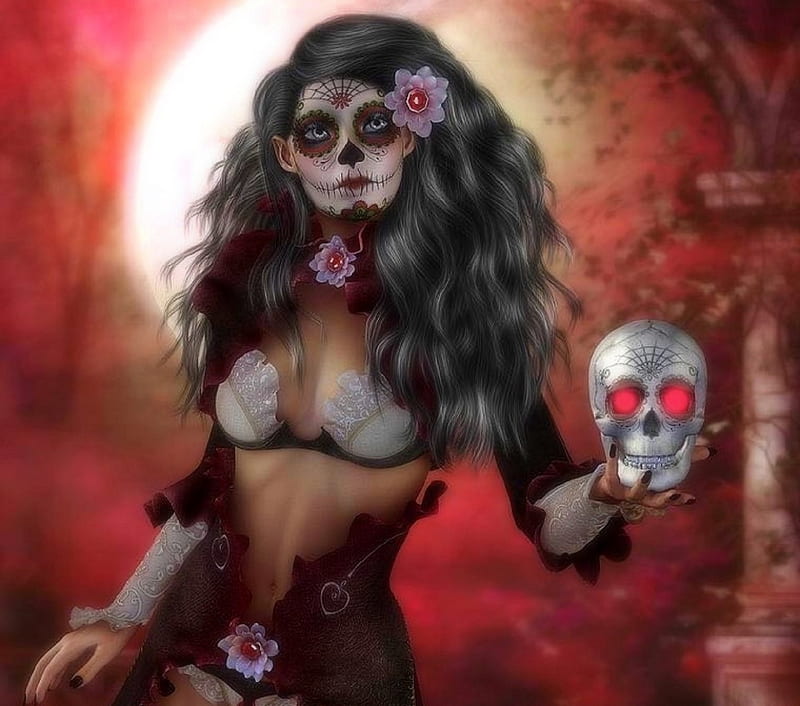 ~Day of the Dead~, holiday, halloween, tattoo, love four seasons, creative pre-made, digital art, woman, 3d illustration, makeup, weird things people wear, skull, HD wallpaper