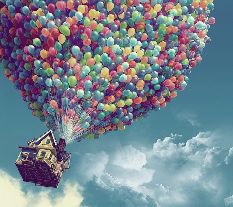 Fantasy House, balloon, cloud, colour, hut, rain, village, vintage, HD wallpaper