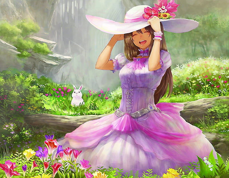 Anime Girl, art, dress, lovely, grasss, hat, nice, waterfall, flowers, lanscape, HD wallpaper
