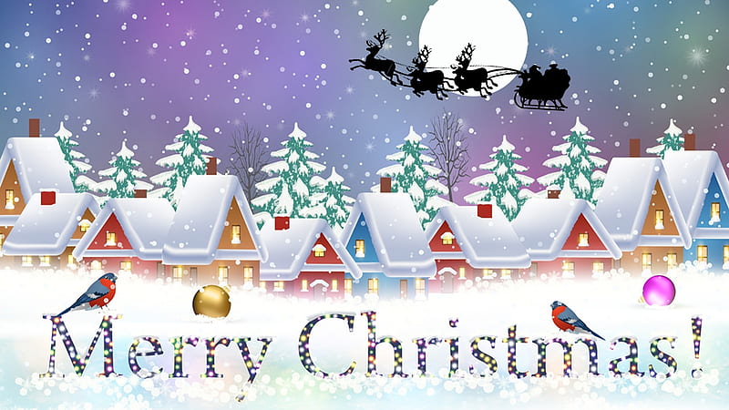 A Christmas Card, Christmas, cottages, Feliz Navidad, Father Christmas, trees, Santra Claus, winter, moon, snow, village, Saint Nicholas, HD wallpaper