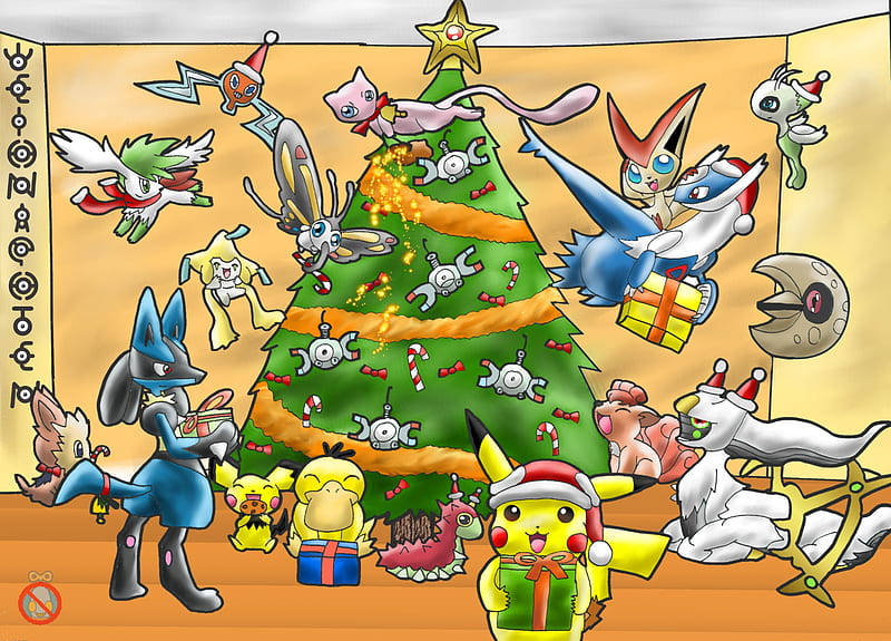 Have a Pokemon Christmas!~, tree, Christmas, christmas, legendaries, pokemon, pikachu, gifts, friends, HD wallpaper