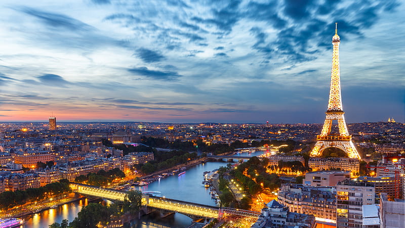 Aerial View Of Lighting Eiffel Tower And Paris City During Sunset Travel, HD wallpaper