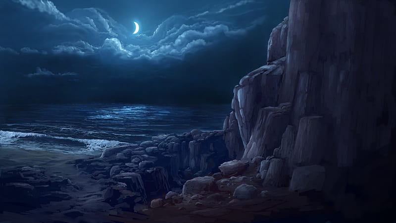 Crescent moon, art, cloud, moon, luminos, rock, sky, sea, stones, fantasy, water, blue, HD wallpaper