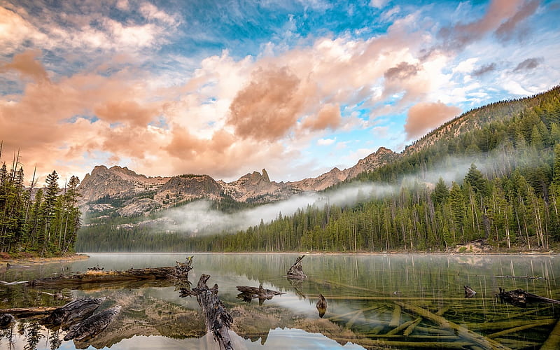 mountain lake, sunrise, morning mountains, forest, fog, mountain landscape, USA, HD wallpaper