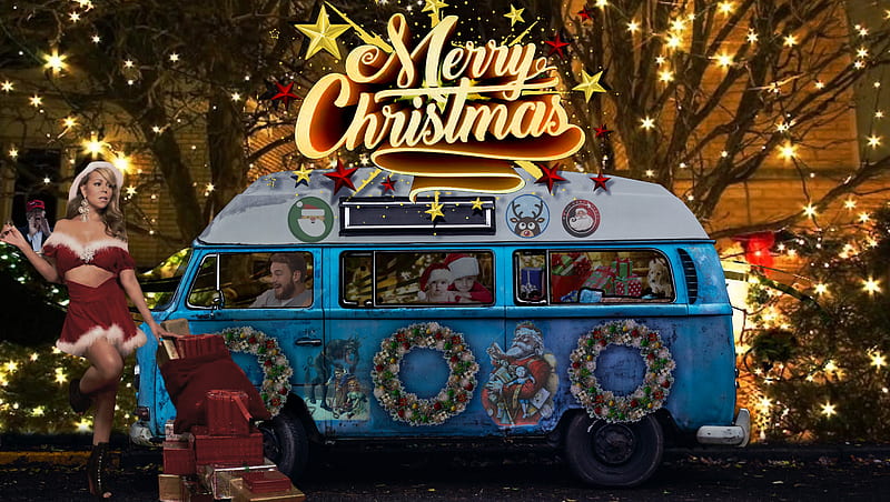 Christmas-VW_Bus-, Christmas, family, VW Bus, 2017, celebrities, Trump, lights, puppy, HD wallpaper