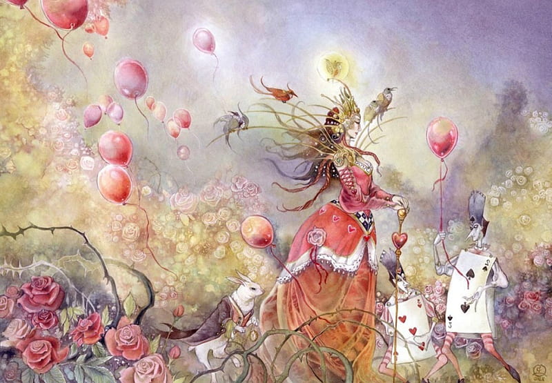 Alice in Wonderland - The Queen, red, art, rabbit, baloon, queen, roses, Stephanie Law, green, cards, purple, painting, flower, white, pink, HD wallpaper