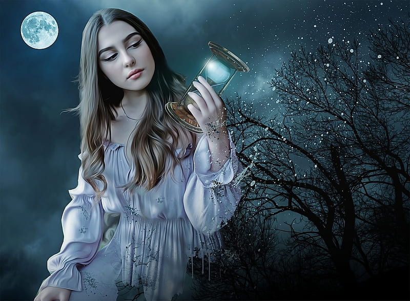The Moon, Trees, Hourglass, Girl, Branch, Night, HD wallpaper